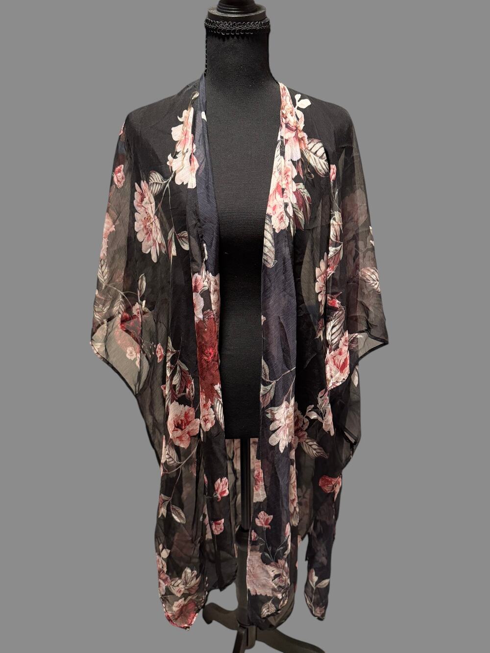 Women's Black Floral Sheer Kimono Cardigan Boho Open Front Cover Up One Size